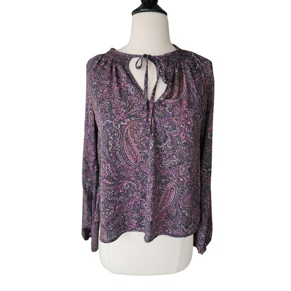 Evereve Blouse Womens XS Artsy Boho Corpcore Green Pink Kyra Paisley Smocked - Picture 2 of 8